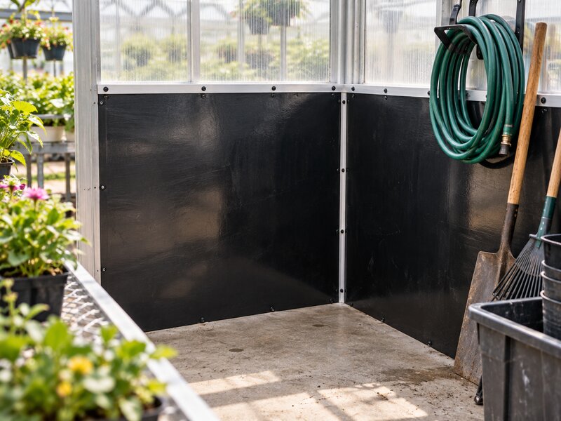 Black HDPE greenhouse wall panels in a corner used for hose reel and garden tool storage
