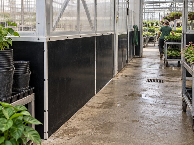 Black HDPE greenhouse wall panels along a long nursery walkway as a worker pushes a plant cart
