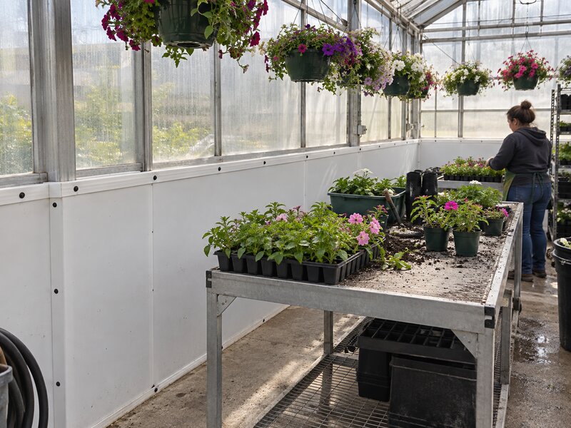 White HDPE greenhouse wall panels below hanging flower baskets in a nursery greenhouse
