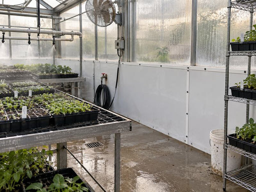 White HDPE greenhouse wall panels near misting irrigation lines over seedling trays
