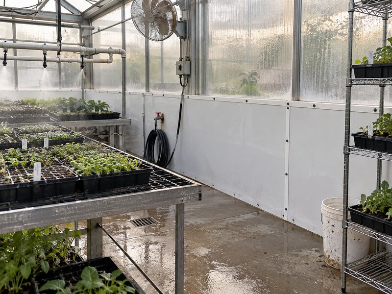 White HDPE greenhouse wall panels near misting irrigation lines over seedling trays
