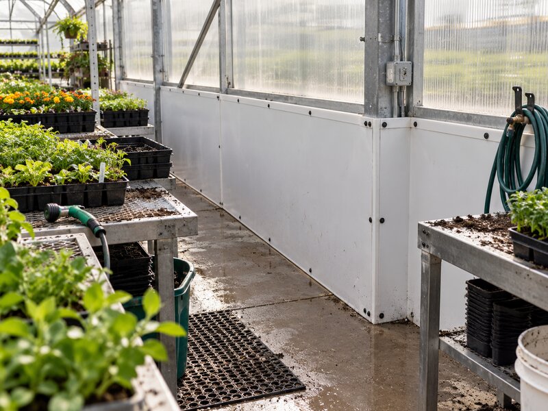 White HDPE greenhouse wall panels behind potting tables with seedling trays
