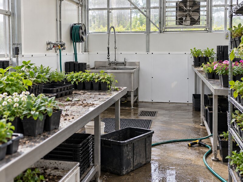 White greenhouse wall panels between a utility sink and exhaust fan with flower trays on both sides
