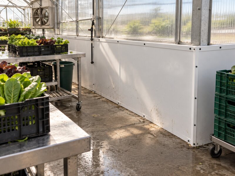 White greenhouse wall panels behind a wash sink and hose reel station
