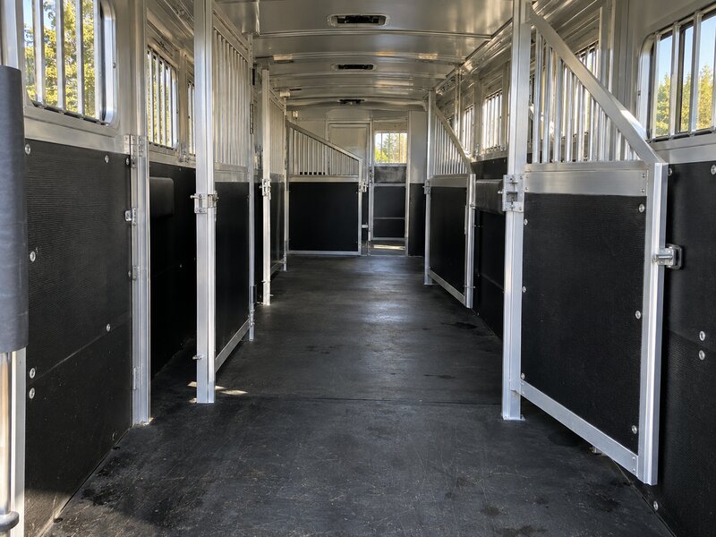HDPE wall liner installed along a row of stalls in a multi-horse trailer
